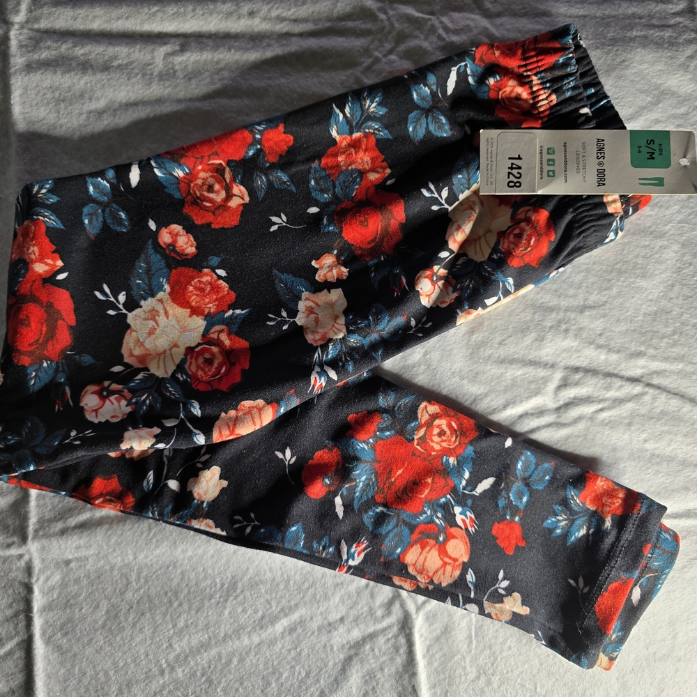 Agnes & Dora Kids Leggings with Red and Cream Floral Design